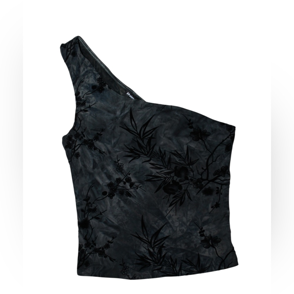 Third Charm One-Shoulder Sheer Top | Black Floral | Size S